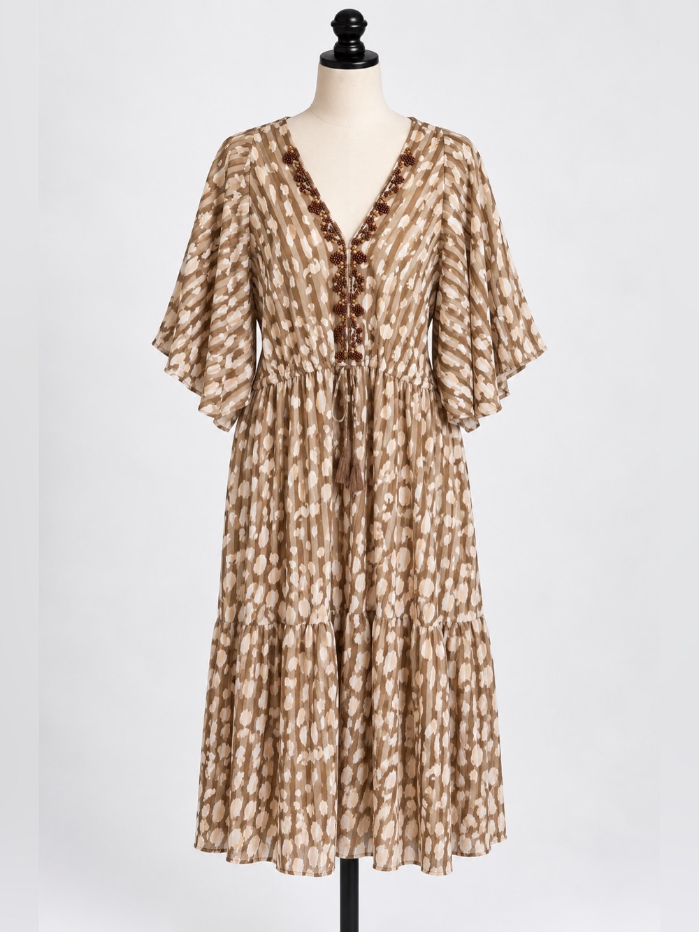 Kaktus Tan & Cream Printed V-Neck Midi Dress